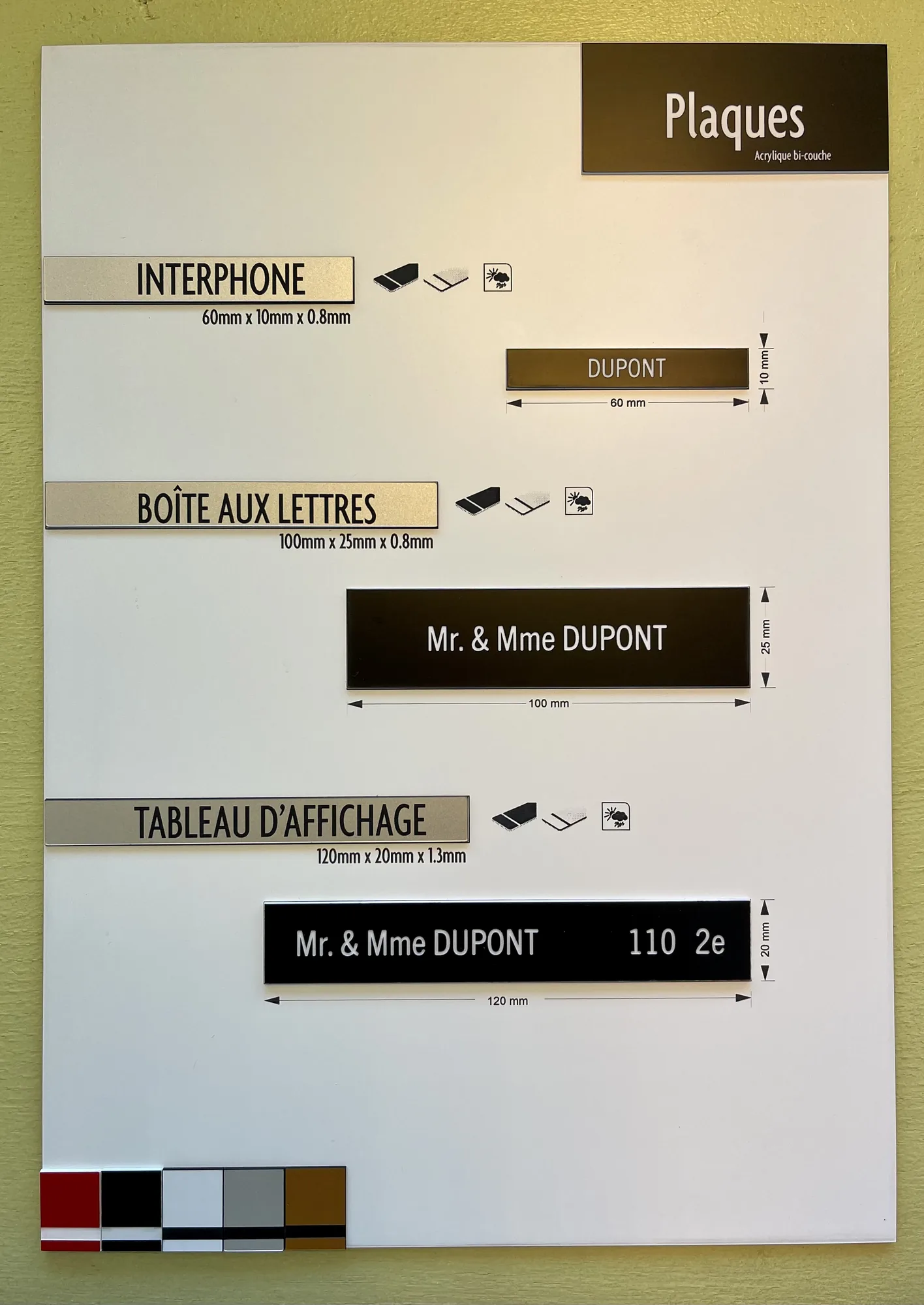 Planche showroom des trois formats de plaque Burhani Conceptions